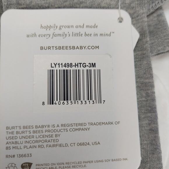 Burt's Bees Organic Cotton 4Pc Coveralls Footed Pajamas Knot Top Hats Gray 0-3M - Picture 6 of 7
